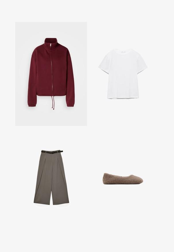 Bordeauxfarvet sweatshirt med lynlås, høj krave, lange ærmer og snørre i kanten. Har glat tekstur og elastiske ærmekanter.; Hvid, kortærmet T-shirt med rund hals og lige kant, vist på en hvid baggrund.; Bred-læggede grå bukser med frontfolder og et sort bælte, vist fladt på en hvid baggrund.; Brun, fleece-fodret ballet flats med rund tå. Blød tekstur og sømløst design, der har en lav profil. Ingen synlige detaljer.