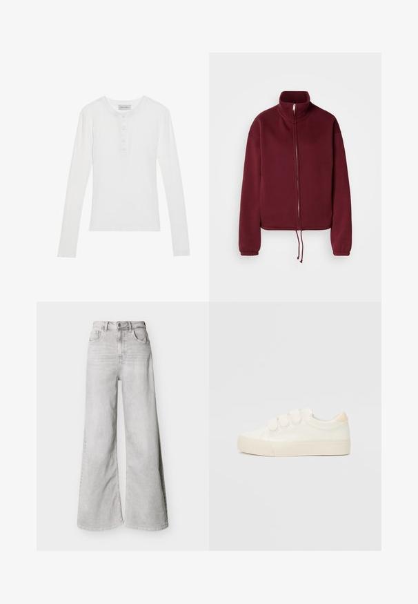 Bordeauxfarvet sweatshirt med lynlås, høj krave, lange ærmer og snørre i kanten. Har glat tekstur og elastiske ærmekanter.; Hvid langærmet skjorte med ribbet tekstur, rund halsudskæring, tre-knaps placket og blødt stof. Mærkets label er synlig ved kraven.; Lysegrå jeans med vid ben lavet af denim, med høj talje, forlommer og knaplukning. Glat tekstur med et diskret falmet look.; Hvide sneakers med en glat læderlignende overdel, tre velcrostropper, rund tå og en tekstureret gummisål. Bagakcent i beige.