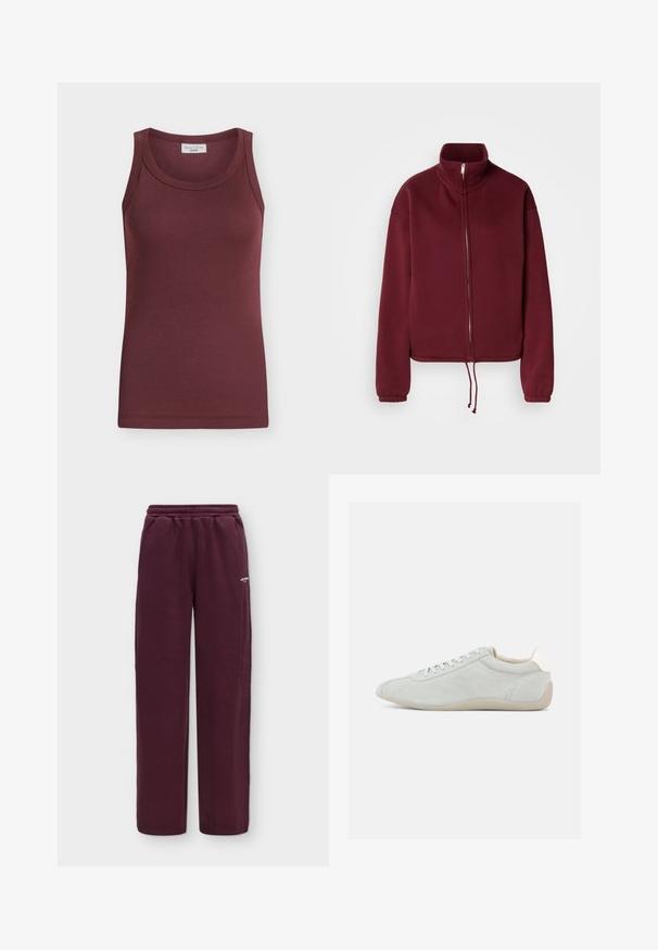 Sweat-shirt bordeaux à fermeture éclair avec un col montant, des manches longues et un ourlet à cordon de serrage. Présente une texture lisse et des poignets élastiques.; Débardeur côtelé sans manches de couleur bordeaux foncé, avec un col rond et une étiquette "Marc O’Polo Denim" à l'intérieur du col.; Pantalon de survêtement droit violet foncé avec taille élastique et petit logo blanc sur la cuisse droite sur fond uni.; Baskets en daim gris clair présentant un design profilé bas, une fermeture à lacets et une semelle en caoutchouc beige souple. Des détails de couture subtils ajoutent de la texture.