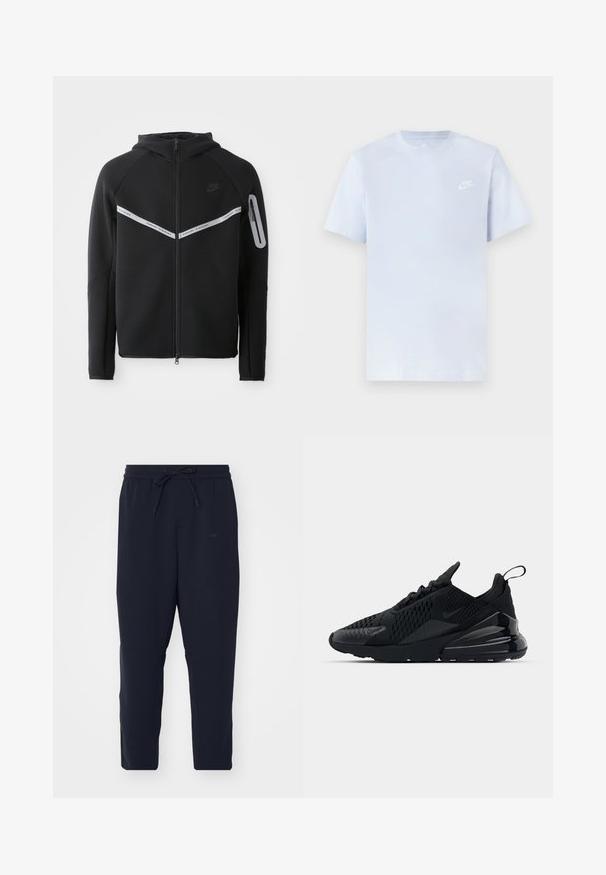 Sort zip-up hættetrøje med en reflekterende streg på brystet, justerbar hætte og en sidelomme med lynlåslukning.; Lyseblå bomulds t-shirt med korte ærmer, rund hals og et hvidt Nike-logo trykt på venstre bryst. Glat tekstur, simpelt design.; Mørkeblå joggerbukser lavet af blødt stof, med elastisk talje og snor, tapered ben og sidelommer.; Sorte Nike Air Max 270 sneakers med en struktureret overdel, mesh-paneler og en blank hæl med en fremtrædende luftdæmpningsenhed.