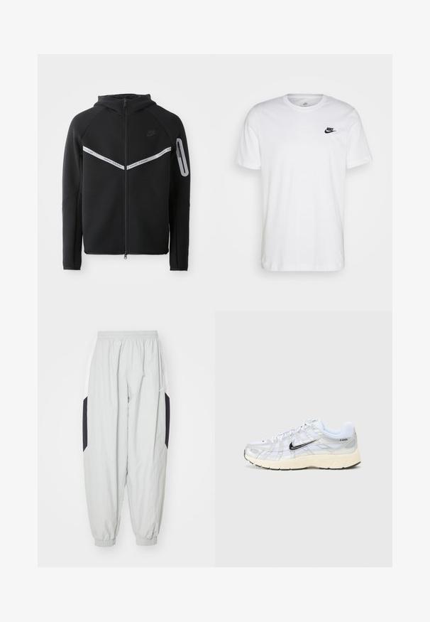 Zwarte zip-up hoodie met een reflecterende streep over de borst, verstelbare capuchon en een zijzak met rits.; Witte katoenen t-shirt met ronde hals, korte mouwen en een zwart Nike-logo op de linkerkant van de borst. Eenvoudig, effen kleur ontwerp.; Lichtgrijze joggingbroek van lichtgewicht stof, met een elastische tailleband en boorden, en contrasterende zwarte en witte zijpanelen.; Witte mesh sneakers met zilveren accenten, zwarte Nike swoosh, gevoerde kraag en een gestructureerde zool. Bevat een gelaagd ontwerp voor stabiliteit.