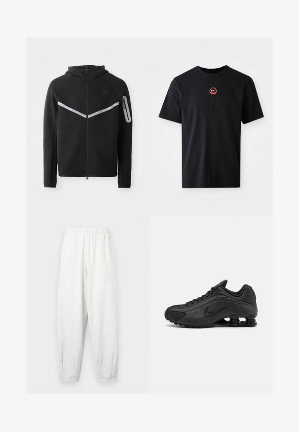 Schwarze Zip-Hoodie mit einem reflektierenden Streifen über der Brust, verstellbarer Kapuze und einer seitlichen Tasche mit Reißverschluss.; Schwarzes kurzärmeliges T-Shirt aus Baumwolle mit einem sechseckigen roten und weißen Nike-Logo auf der Brust und einem abgerundeten Ausschnitt.; Hellgraue Sweatpants aus weichem Stoff, mit einem elastischen Bund, schmal zulaufenden Beinen und Fußbündchen. Einfaches Design ohne Muster.; Schwarze Laufschuhe mit einem glatten synthetischen Obermaterial, durchbrochenen Akzenten, strukturierten Seitenpaneelen und einer ausgeprägten federnden Sohle.