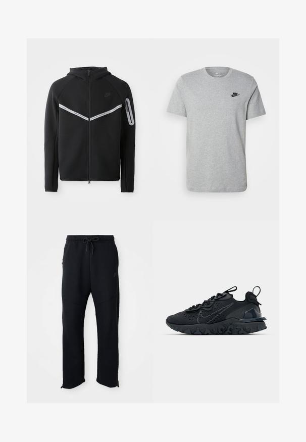 Sweat à capuche zippé noir avec une bande réfléchissante sur la poitrine, capuche ajustable et poche latérale avec fermeture éclair.; T-shirt gris à manches courtes en coton, arborant un logo noir de Nike sur la poitrine et un col rond. Design minimaliste sans motifs.; Pantalons de sport noirs avec taille élastique et cordon de serrage, dotés de poches latérales, de jambes fuselées et de zips aux chevilles. Texture lisse.; Chaussure de sport noire avec une tige en mesh respirant, des accents texturés et une semelle en caoutchouc ondulée. Comprend un logo réfléchissant et un système de laçage.