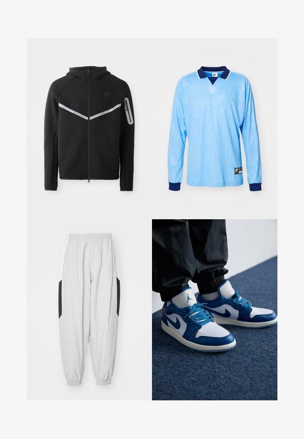 Sudadera con cremallera negra que presenta una franja reflectante en el pecho, capucha ajustable y un bolsillo lateral con cierre de cremallera.; Camisa polo de manga larga azul claro con collar y puños en azul marino, que presenta un sutil patrón por toda la prenda y la marca Nike en el dobladillo inferior.; Pantalones de chándal ligeros en gris claro, fabricados con material ligero, con cintura y puños elásticos, y paneles laterales en negro y blanco contrastantes.; Las zapatillas Nike Air Jordan cuentan con una base de cuero blanco con acentos sintéticos azules, una caja de dedos perforada y cordones azules.