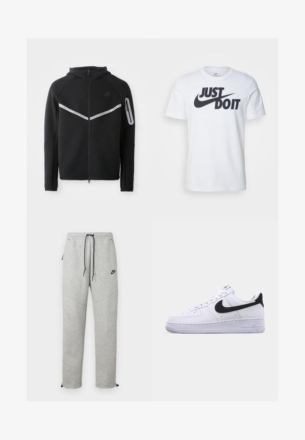 Schwarze Zip-Hoodie mit einem reflektierenden Streifen über der Brust, verstellbarer Kapuze und einer seitlichen Tasche mit Reißverschluss.; Weißes Baumwoll-T-Shirt mit einem auffälligen schwarzen "Just Do It"-Logo und Nike-Swoosh. Klassisches Rundhalsausschnitt-Design mit kurzen Ärmeln.; Graue Nike Sweatpants mit einem Kordelzugbund, Seitentaschen und elastischen Bündchen. Sie haben eine glatte Textur und ein kontrastierendes schwarzes Logodetail.; Weißes Leder-Sneaker mit einem strukturierten schwarzen Swoosh, flachen Schnürsenkeln und einer Gummisohle mit genoppetem Muster. "AIR" ist auf der Ferse eingeprägt.