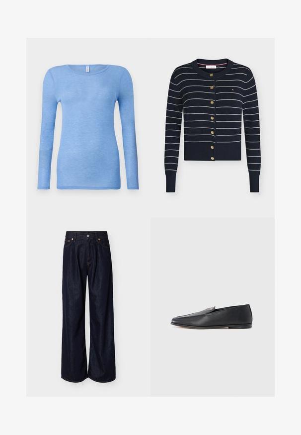 Cárdigan azul marino con rayas horizontales blancas, botones dorados en la parte delantera, puños y dobladillo acanalados y pequeño logo de bandera en el pecho.; Camiseta de manga larga azul claro en una tela suave y ligera. Presenta un cuello redondo y un diseño ajustado. Sin patrones o acentos visibles.; Jeans de mezclilla azul oscuro de pierna ancha con botón frontal y diseño de cinco bolsillos sobre un fondo claro y liso.; Mocasines de cuero negro con textura suave, punta redondeada y detalles de costura sutiles. Presentan un acento de logo dorado en el lateral superior.