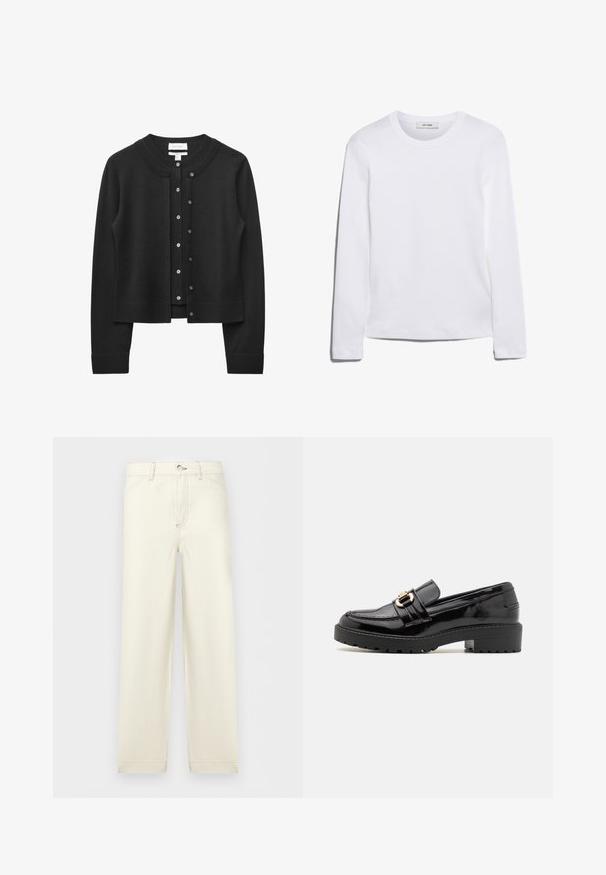 Sort cardigan med lange ærmer og knapper, rund halsudskæring samt ribstrikkede manchetter og kant, vist fladt mod en hvid baggrund.; Langærmet hvid T-shirt lavet af ribbet bomuld, med rund halsudskæring og lige kant. Simpelt design uden mønstre eller accenter.; Off-white bukser med lige ben, forlommer, knaplukning og bæltestropper, vist mod en ensartet lys baggrund.; Sorte lakerede loafers med en lav blokhæl, der har en fremtrædende gullignende spænde og en struktureret, rillede sål.