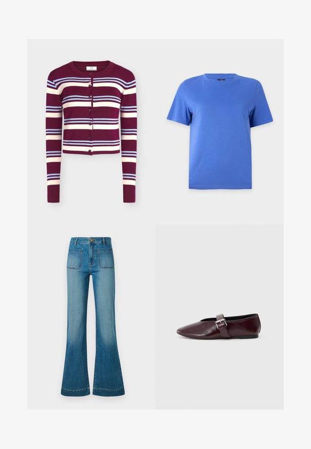 Langærmet cropet cardigan med knapper foran, med vandrette striber i bordeaux, creme og lyseblå farver.; Solid blå t-shirt med korte ærmer og rund hals vist på en ensartet lys grå baggrund.; Blå højtaljede denimjeans med forreste patchlommer og svajede ben, med knap- og lynlåslukning.; Bordeaux læder ballerina sko med spidse tæer, flad sål og en dekorativ spænde-strop over vristen. Glat, blank tekstur.