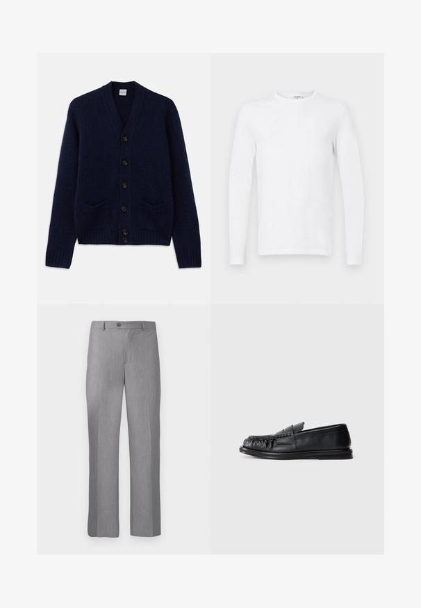 Cardigan tricoté bleu marine avec un col en V, six boutons marron, deux poches avant et des poignets et un ourlet côtelés. Tissu texturé.; T-shirt à manches longues, unisexe, blanche à col rond, présenté sur un fond plat, gris clair.; Pantalons habillés gris sur mesure avec passants de ceinture, bouton frontal et braguette zippée, dotés d'une coupe droite.; Mocassin en cuir noir avec un bout arrondi et froncé, et une semelle plate sur un fond blanc uni.