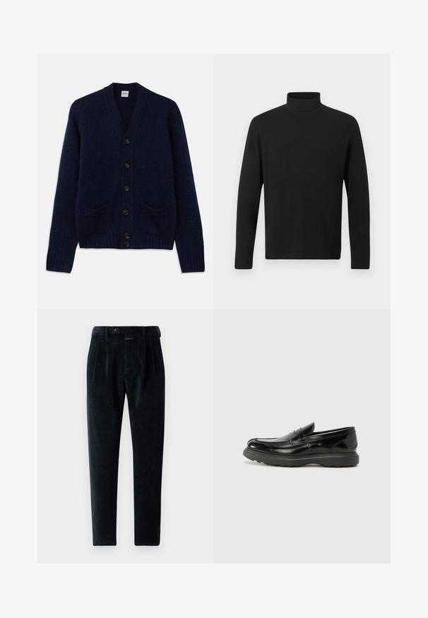 Marineblå strikket cardigan med V-udskæring, seks brune knaplukninger, to forlommer og ribbede manchetter og nederste kant. Struktureret stof.; Sort turtleneck skjorte lavet af glat stof. Har lange ærmer og en høj krave. Enkel design uden yderligere mønstre eller accenter.; Sorte corduroybukser med tætsiddende pasform, der har frontfolder, knaplukning og to sidelommer. Blødt, struktureret stof.; Sort læderloafer med en blank finish, rund tå, subtile syninger og en tyk gummisål for holdbarhed.