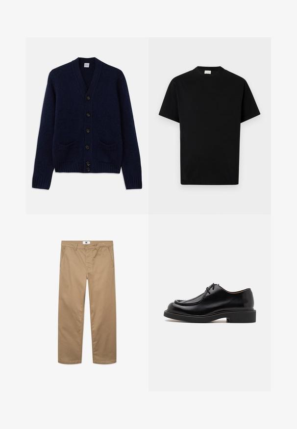 Marineblå strikket cardigan med V-udskæring, seks brune knaplukninger, to forlommer og ribbede manchetter og nederste kant. Struktureret stof.; Sort bomuld t-shirt med rund hals, korte ærmer og lige snit. Ingen synlige mønstre eller hardwaredetaljer.; Kakhifarvede bomuldsbukser med lige ben, der har en enkelt knaplukning, bæltestropper og to sidelommer. Glat tekstur.; Sort lædersko med en rund tå, stikninger, minimale snørebånd og en tyk gummisål for greb og holdbarhed.