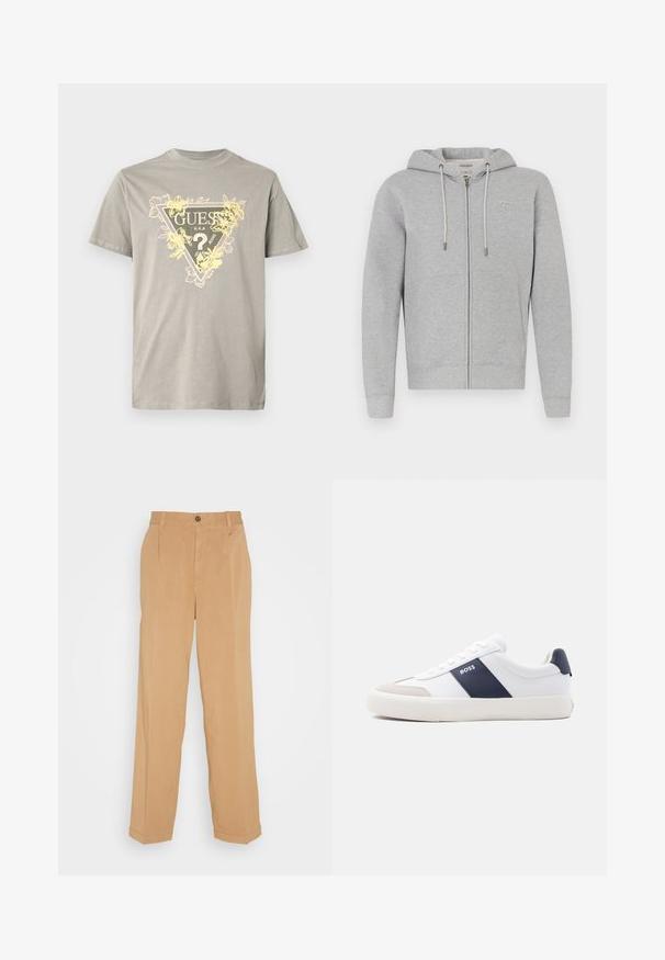Haut à zip gris fabriqué en tissu doux. Il possède une capuche avec cordon, des poches avant et un petit patch avec logo en haut à gauche.; T-shirt en coton gris avec un motif triangulaire "GUESS" et des accents floraux jaunes. Col rond, manches courtes, coupe standard.; Pantalons larges beiges en tissu doux, dotés de deux poches avant, d'une fermeture à bouton et de plis le long des jambes.; Baskets blanches basses avec une bande latérale marine, logo "BOSS", bout beige et semelle blanche, présentées de profil sur un fond clair.