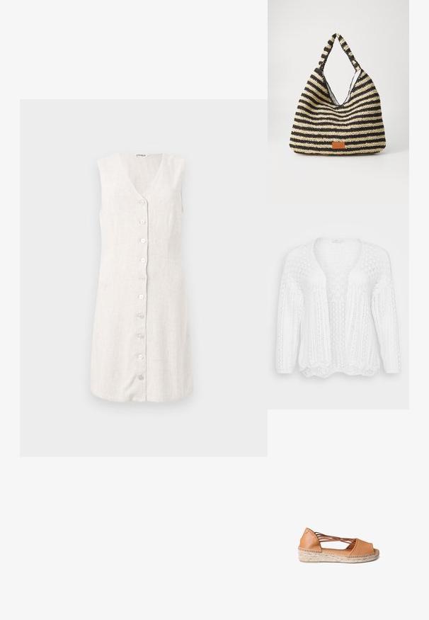Cardigan blanc en tricot avec un devant ouvert, des manches longues et un ourlet festonné. Présente un motif texturé et aéré sur l'ensemble.; Robe sans manches en lin couleur beige clair, avec un décolleté en V et une fermeture à boutons à l'avant comportant six boutons ronds clairs. Design simple et droit.; Sandale espadrille en cuir tan avec bout ouvert, semelle intermédiaire en jute tressé et design de brides croisées. Semelle plate, forme minimaliste.; Sac tissé rayé en noir et beige, avec un design décontracté, une surface texturée et une petite pièce en cuir en accent.