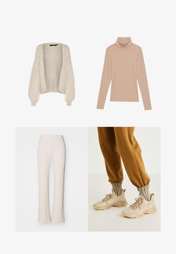 Cardigan oversize beige clair, texture tricotée, ouverture sur le devant, manches larges, ourlet côtelé, matériau pelucheux, coupe décontractée, sans fermeture.; Haut col roulé à manches longues en vissage beige, présenté à plat sur un fond clair.; Pantalons tricotés côtelés crème avec une coupe évasée, dotés d'une taille haute et d'une texture lisse. Le tissu semble extensible et doux.; Chaussures de sport beiges avec tige en mesh, paillettes décoratives et semelle en caoutchouc épaisse. Associées à des chaussettes beiges rayées et un pantalon de jogging marron.