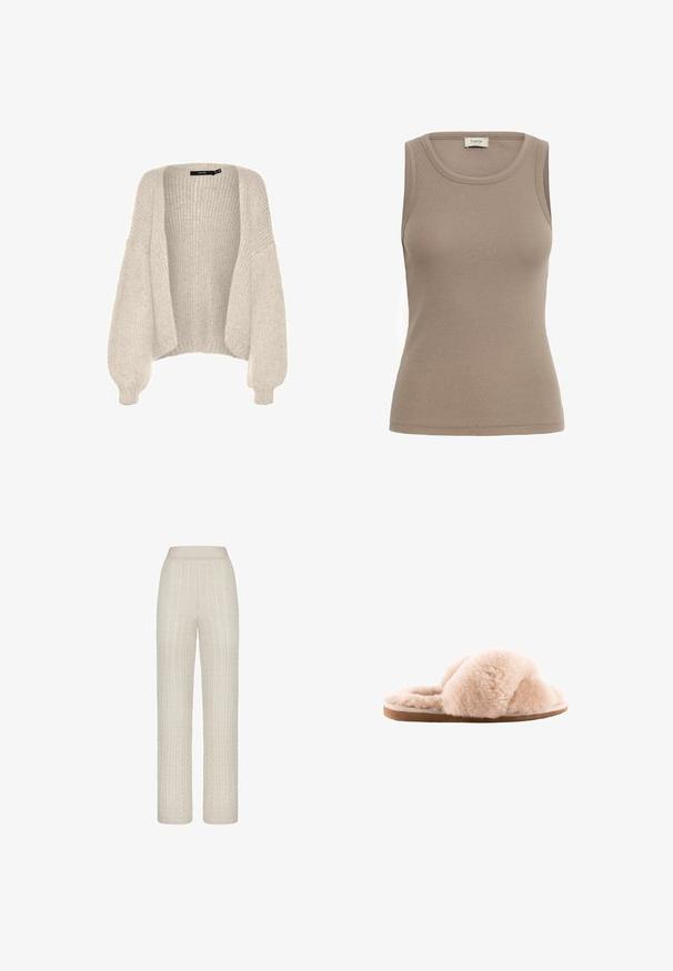 Lys beige oversize cardigan, strikket struktur, åben front, brede ærmer, ribbet kant, blødt materiale, afslappet pasform, uden lukninger.; Ærmeløs ribstrikket tanktop i taupe med rund halsudskæring og tætsiddende silhuet, mærket "fransa" ved kraven.; Lys beige kabelstrikkede bukser med en bred talje, der har hævede teksturmønstre og en afslappet, lige pasform.; Uldne lys beige hjemmesko med krydsede remme, lavet af blødt materiale på en flad tan farvet gummisål. Plush struktur hele vejen igennem.