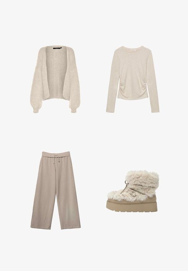Cardigan oversize beige clair, texture tricotée, ouverture sur le devant, manches larges, ourlet côtelé, matériau pelucheux, coupe décontractée, sans fermeture.; T-shirt beige à manches longues avec un col rond et des détails froncés sur les côtés, confectionnée dans un tissu doux et texturé.; Pantalon beige à jambes larges avec taille élastique et cordon de serrage, doté de poches latérales et d'une coupe décontractée.; Botte d'hiver beige avec une semelle plateforme épaisse et une doublure en fausse fourrure douce, avec des lacets et un revers en fourrure.