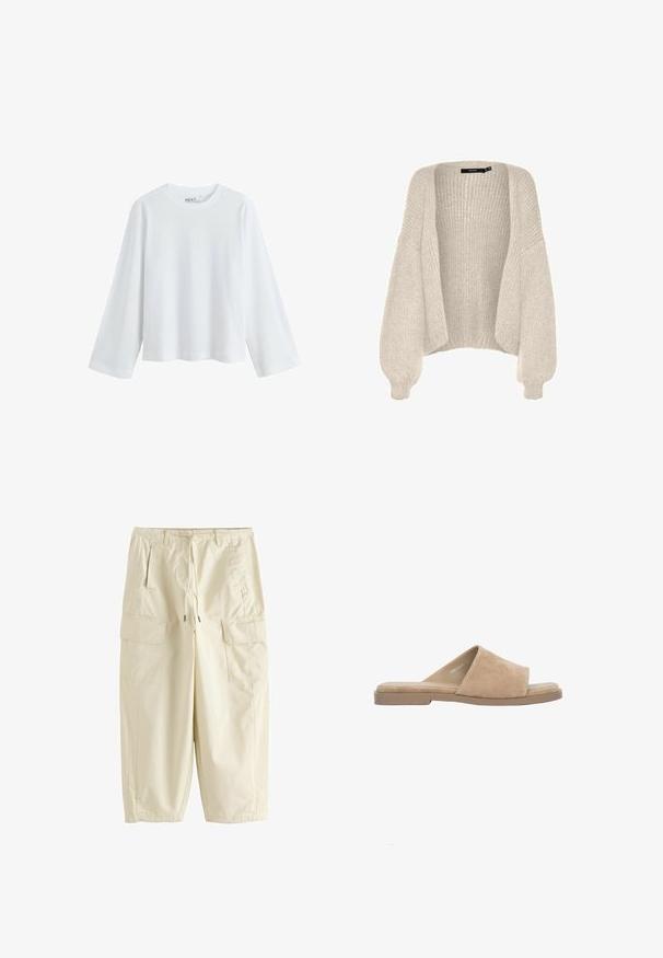 Cardigan oversize beige clair, texture tricotée, ouverture sur le devant, manches larges, ourlet côtelé, matériau pelucheux, coupe décontractée, sans fermeture.; T-shirt blanc à manches longues en coton doux, avec un col rond et un design à épaule tombante, offrant une coupe décontractée et sans motifs visibles.; Pantalon cargo beige clair avec taille à cordon, passants pour ceinture, poches latérales et grandes poches à rabat sur chaque cuisse.; Sandale beige en daim à bout ouvert, plate avec une large bride et une semelle intérieure rembourrée, présentée sur fond blanc.