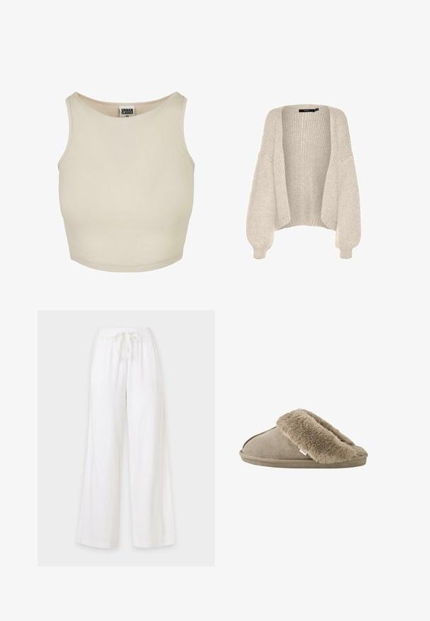 Lys beige oversize cardigan, strikket struktur, åben front, brede ærmer, ribbet kant, blødt materiale, afslappet pasform, uden lukninger.; Beige ribbet crop top med rund halsudskæring og ærmeløs design. Har en ensfarvet tekstur og en diskret mærkeetiket inde i halsen.; Løse hvide bukser med elastisk talje og snor, designet til afslappet brug.; Beige slip-on tøfler med blød, plyssede pelsforing omkring åbningen og en ydersål med ruskindslignende overflade.