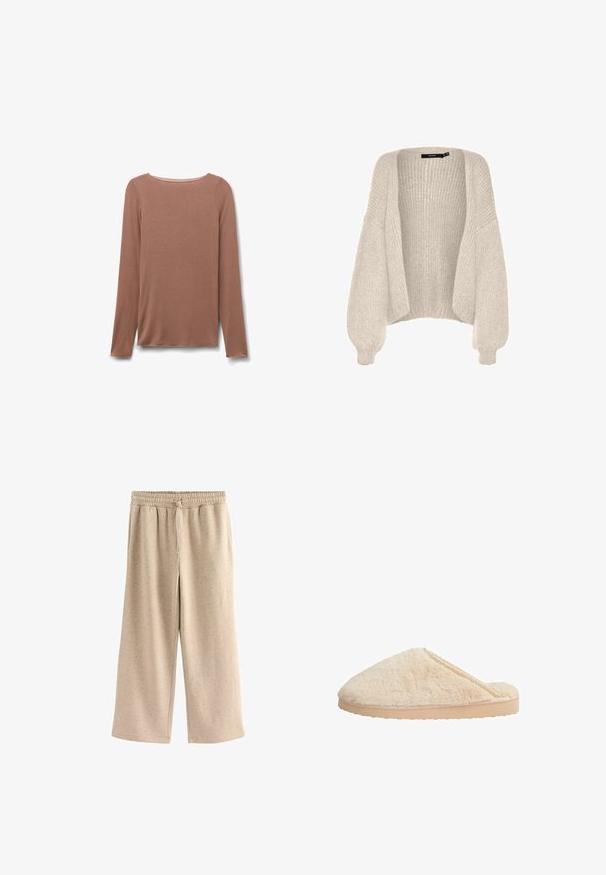 Cárdigan oversize beige claro, textura de punto, delantero abierto, mangas anchas, dobladillo acanalado, material suave, ajuste relajado, sin cierres.; Camiseta de manga larga color marrón claro con cuello redondo, de textura simple y lisa, mostrada extendida sobre un fondo blanco.; Pantalones de pierna ancha beige fabricados con una tela suave, con una cinturilla elástica y cordones, y una sutil textura moteada en toda su superficie.; Zapatillas de pelo beige con forma redondeada, parte superior texturizada y suela de goma ligera y plana. Presentan un delicado detalle de encaje a lo largo del borde.