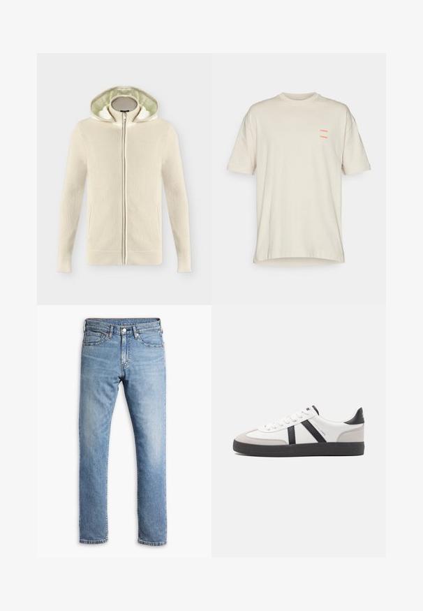 Beige gebreide hoodie met rits, met een zachte, gewatteerde binnenkap en geribbelde boorden en zoom, getoond op een effen witte achtergrond.; Off-white T-shirt met korte mouwen en een ronde hals en een klein zwart "SAMSØE" tekstlogo twee keer bij de linkerborst.; Lichtblauwe denim jeans met een rechte pijp, vijf zakken, contrasterende stiksels en een knoop- en ritsluiting bij de taille.; Witte sneaker met zwarte en grijze accenten, voorzien van een grijze neus met textuur, zwarte rubberen zool en platte witte veters. Schoon ontwerp, minimalistische stijl.