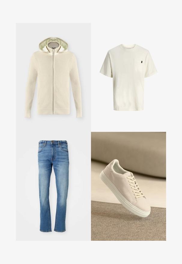 Beige strikket lynlås-hættetrøje med blød, polstret indvendig hætte og ribkanter ved ærmer og bund, vist på en ensfarvet hvid baggrund.; Hvid bomuld t-shirt med korte ærmer, rund hals, brystlomme foran og et lille mærke i siden. Glat tekstur og afslappet pasform.; Lysblå denimjeans med lige snit, der har klassisk fem-lomme design, subtil vaskesymfoni og kontrasterende syninger.; Beige ruskinds sneakers med hvid sål og snørebånd, vist svævende over tekstureret beige tæppe mod en blød beige baggrund.