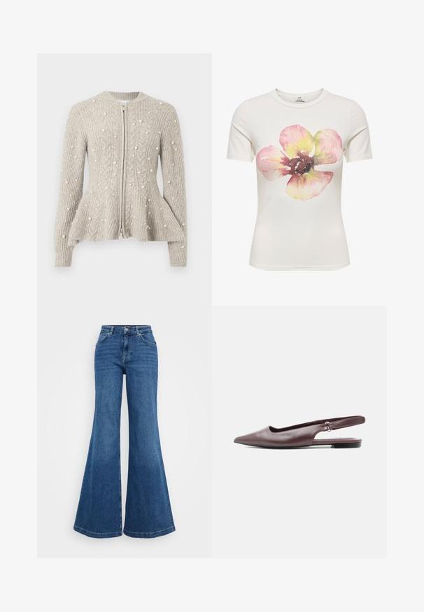 Beige Strickjacke mit Zopfmuster, Reißverschluss, ausgestelltem Bund und verstreuten dekorativen Perlen auf Ärmeln und Körper.; Weißes T-Shirt mit kurzen Ärmeln und einer großen, aquarellartigen Blume in Rosa-, Gelb- und Brauntönen, mittig auf der Vorderseite.; Blaue Schlagjeans aus Denim mit hoher Taille, die ein klassisches Fünf-Taschen-Design und eine glatte Textur aufweisen. Der Saum ist weit und verarbeitet.; Bordeauxfarbener Slingback-Flachschuh mit spitz zulaufender Spitze, niedrigem Absatz und verstellbarem Riemen vor weißem Hintergrund.