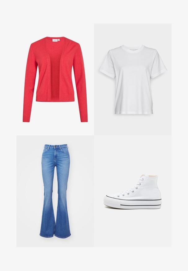 Koralfarvet cardigan med åbent front, lange ærmer, ribbede manchetter og kant, lavet af blødt strikket stof.; Hvid bomulds T-shirt med korte ærmer, rund hals og en afslappet pasform. Glat tekstur, uden mønstre eller grafik, enkel design.; Lyseblå, trompetformede jeans lavet af denim, med høj talje, fem lommer og en let falmende farve mod kanten. Sølvfarvet knaplukning.; Hvide høj-top sneakers lavet af kanvasmateriale, sort gummisål og kontrasterende sort stribe på mellemsålen. Rund tåhætte og snørebåndsdesign.