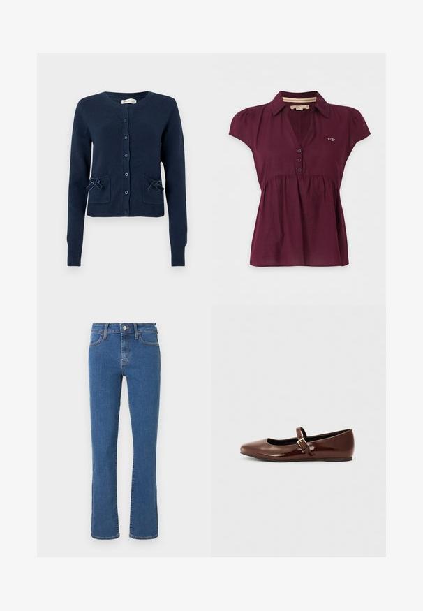 Cardigan en maille bleu marine avec un col rond, une fermeture boutonnée à l'avant, deux poches avant ornées de nœuds, et des poignets et un ourlet côtelés.; Blouse violet foncé à manches courtes avec col, trois boutons sur le devant et un petit logo blanc sur la poitrine gauche.; Jean en denim bleu à jambes droites avec fermeture bouton et fermeture éclair à l'avant, poches avant et arrière, et détails de coutures orange.; Ballerine en cuir verni marron avec un bout carré et une lanière ornée d'une petite boucle dorée. Texture lisse, talon bas et design minimaliste.