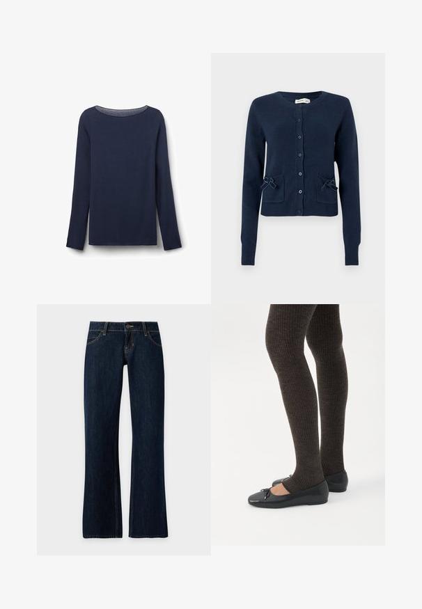 Cárdigan de punto azul marino con cuello redondo, cierre con botones, dos bolsillos delanteros con lazos y puños y dobladillo acanalados.; Camiseta de manga larga de color azul marino hecha de una tela suave, con un cuello redondo y un corte relajado. El dobladillo y los bordes de las mangas están cuidadosamente terminados.; Vaqueros de denim azul oscuro con corte recto, bolsillos delanteros, trabillas para cinturón y cierre con botón sobre un fondo liso.; Piernas con leggings oscuros acanalados combinados con bailarinas negras que presentan pequeños detalles de lazo sobre un fondo blanco.