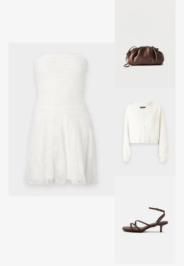 Cardigan court blanc, texture douce, bordure en dentelle festonnée le long de l'encolure, quatre petits boutons, manches longues.; Robe blanche sans bretelles avec un buste froncé, des détails en dentelle et une jupe évasée. Confectionnée dans un tissu léger avec une finition texturée.; Sandale marron à talons hauts avec fines lanières croisées et bride de cheville avec boucle argentée sur fond blanc.; Sacoche en cuir marron doux avec un haut froncé et une fine bandoulière, posée sur un fond blanc.