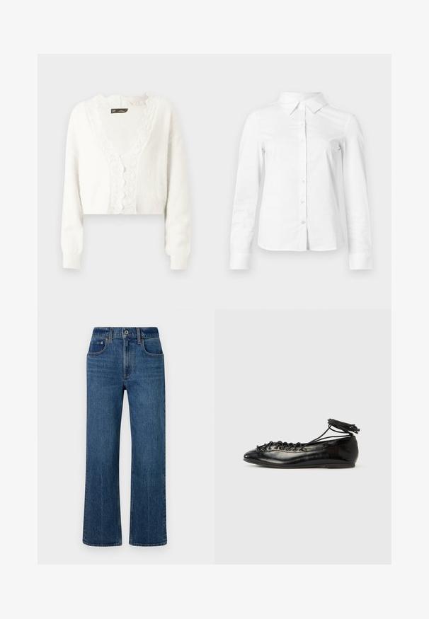Hvid cropped cardigan, blød tekstur, scallop-lace trim langs halsudskæringen, fire små knapper, lange ærmer.; Hvid skjorte med lange ærmer, knapper, spids krave, lige kant og tætsiddende silhuet, vist på en ensartet lys baggrund.; Blå denim brede ben jeans præsenteret mod en ensfarvet hvid baggrund, med forlommer, en knaplukning og en let falmet finish.; Sorte balletflade sko i laklæder med rundet tå, snørelukning og flad sål. Glat tekstur med få detaljer.