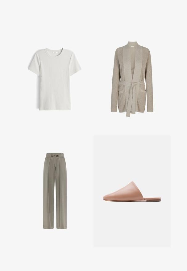 Beige gebreid vest met lange mouwen, sjaalkraag, opgestikte zakken aan de voorkant en een bijpassende gebreide ceintuur gestrikt in de taille.; Wit, geribd T-shirt met korte mouwen en ronde hals, plat liggend, vooraanzicht en merklabel aan de binnenkant van de kraag zichtbaar.; Lichtgrijze broek met wijde pijpen, een hoge taille en een trekkoord aan de voorkant, op een witte achtergrond.; Beige leren mule zonder achterkant met puntige neus en platte zool, zijaanzicht op een egale lichte achtergrond.