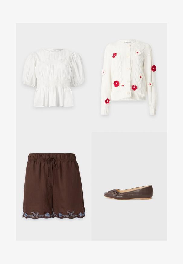 Cardigan blanc en tricot avec un motif torsadé, un col rond et des boutons roses. Orné d'appliqués floraux rouges et blancs sur le devant.; Blouse blanche avec manches trois-quarts bouffantes, corsage froncé et ourlet à basque, présentée sur un fond uni.; Short marron à taille élastique avec cordon et motif floral brodé bleu clair le long de l'ourlet festonné.; Ballerine en cuir marron avec un bout arrondi, des détails froncés à l'avant et une semelle plate de couleur claire.