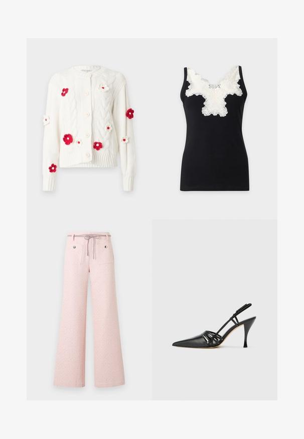 Cárdigan blanco de punto con patrón de trenzas, cuello redondo y botones rosas. Decorado con apliques florales en rojo y blanco en la parte delantera.; Top negro sin mangas con textura acanalada, tirantes anchos y detalle de encaje floral blanco alrededor del escote y la parte superior del pecho.; Pantalones de pierna ancha color rosa claro con textura pequeña de puntos, bolsillos frontales, presillas para cinturón y cintura con cordón.; Zapato de tacón alto de charol negro con punta afilada, diseño de tiras entrecruzadas y tacón de aguja delgado. Textura suave y acentos mínimos.