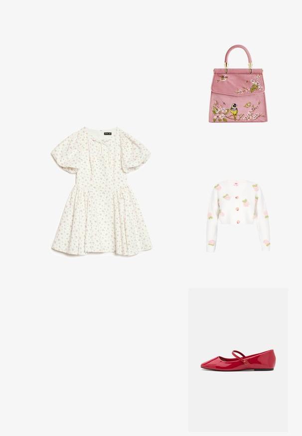 Witte, cropped cardigan met V-hals, versierd met geborduurde roze rozen en groene bladeren. Voorzien van perzikkleurige knopen aan de voorkant. Zachte textuur.; Witte jurk met korte mouwen en pofmouwen, met een kleine roze bloemenprint, een geplooide taille en een ronde halslijn met een klein strikje.; Rode lakleren ballerina's met een spitse neus, enkelriempje en een kleine ronde accent aan het riempje. Platte zool en gladde textuur.; Roze suède handtas met bloemige borduursels, met vogels en vlinders. Hardware in goudkleur en een ronde bovenhandgreep. Elegante flapsluiting.