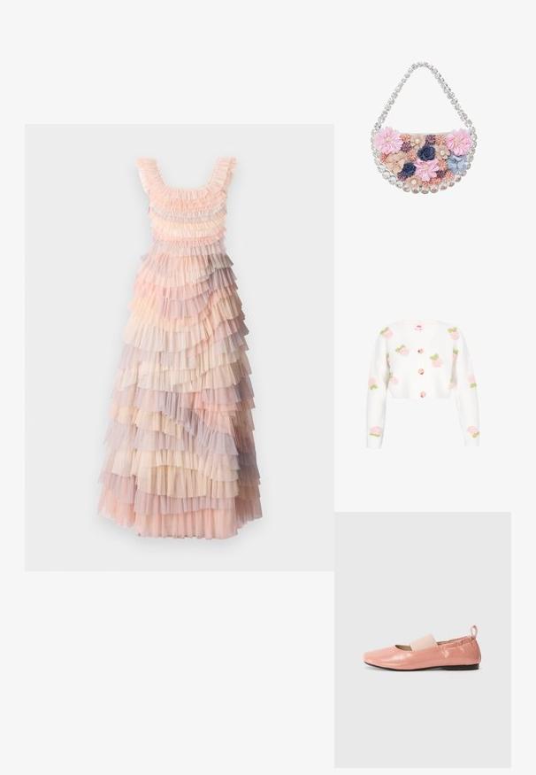 Gilet blanc court avec décolleté en V, ornée de roses roses brodées avec des feuilles vertes. Comprend des boutons pêches sur le devant. Texture douce.; Robe maxi à plusieurs couches avec des teintes douces de rose, crème et volants en tulle lilas, tissu texturé et décolleté arrondi.; Ballerines synthétiques roses avec une texture brillante, un bout carré et une bande élastique douce sur le cou-de-pied. Semelle en caoutchouc noire et tirette à l'arrière.; myMo at night Sac à main - multicolor pink