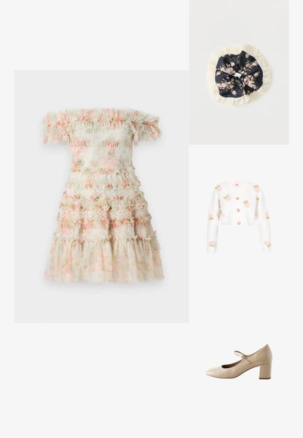 Gilet blanc court avec décolleté en V, ornée de roses roses brodées avec des feuilles vertes. Comprend des boutons pêches sur le devant. Texture douce.; Robe décolletée en crème claire avec des volants superposés et des détails floraux roses. Elle dispose de bandes élastiques froncées pour un look texturé.; Chaussure Mary Jane en cuir verni beige avec un bout arrondi, une bride à boucle et un talon bloc bas.; Chouchou en tissu noir avec imprimé floral rose et vert, entouré d'un bord en dentelle crème avec des détails ajourés, sur fond blanc.