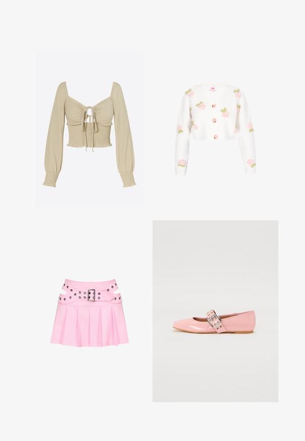 Hvid cropped cardigan med V-hals, der har broderede lyserøde roser med grønne blade. Inklusiv ferskenknapper ned langs forsiden. Blød tekstur.; Lysebeige cropped top i glat stof; har lange, puffede ærmer, ét sammentrukket bryst med bindefront og smockdetalje ved taljen.; Pink plisseret mini nederdel med bred dobbeltlagret linning, sølvspænde og flere nitter til fastgørelse og dekoration.; Lyserøde patentlæder balletflade sko med firkantet tå, spænde detalje og flad gummisål. Glat tekstur hele vejen igennem.