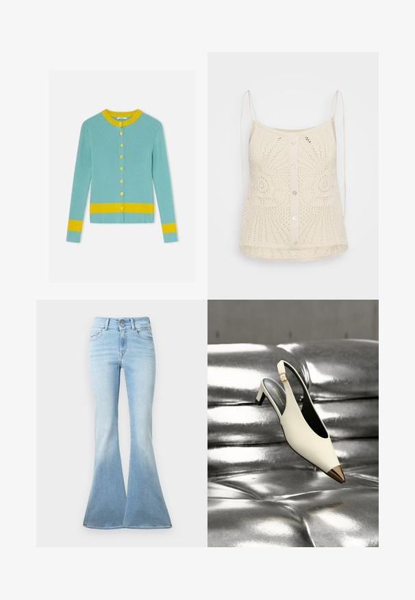 Lyseblå ribstrikket cardigan med gule knapper, gul kravekant og gule striber på ærmer og kant.; Lys beige strikket tanktop med rund halsudskæring, tynde justerbare stropper og knaplukning foran. Har intrikate blonde mønstre.; Lyseblå flagrende jeans lavet af denim. Har høj talje med to knapper og let blegning mod kanten. Klassisk fem-lomme design.; Hvid slingback højhælet sko med guld spids tåhætte, vist på en skinnende metallisk sølv polstret overflade.