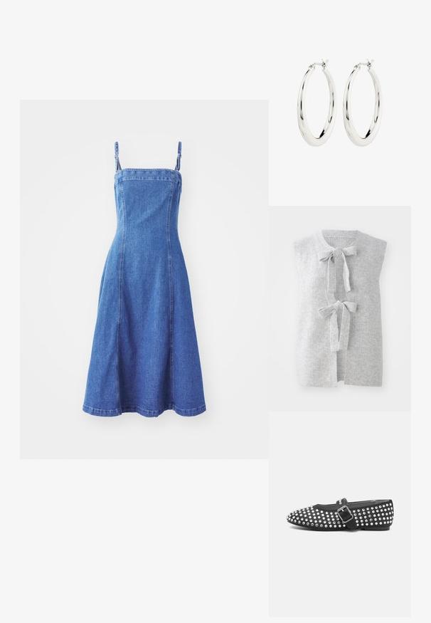 Harmaa, hihaton neuleliivi, jossa on ribbitetty pinta ja kaksi etubandia. Avoin etuosa pehmeästä ja kevyestä materiaalista.; Denimmekko, jossa on tiukka yläosa, säädettävät olkaimet, leveähelma, keskileinoinen väri ja näkyvät saumat. Sileä rakenne.; Musta tasapohjainen kenkä, jossa on pyöristetty varvas, niittimuotoilu metallisilla yksityiskohdilla ja soljella varustettu hihna jalkapöydän yli.; Hope hopea, joissa on sileä ja kiiltävä pinta. Pyöreä muoto, jossa on turvallinen suljin. Yksinkertainen ja elegantti muotoilu.