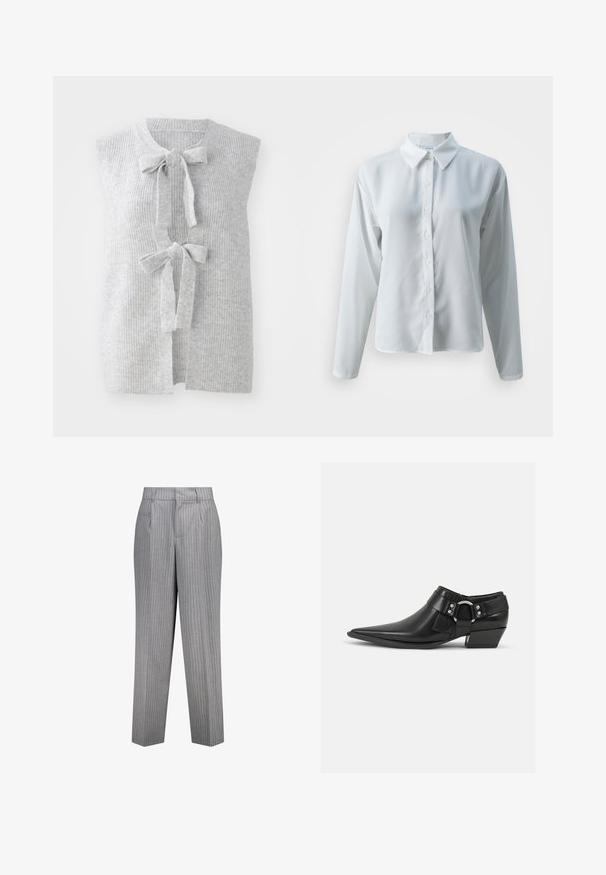 Chaleco de punto sin mangas en color gris, que presenta una textura de canalé y dos lazos en la parte delantera. Diseño de abertura frontal con un material suave y ligero.; Camisa blanca de manga larga hecha de un tejido suave y ligero. Presenta un cuello clásico y cierre frontal de botones, con un ajuste ligeramente relajado.; Pantalones a rayas grises con un corte ajustado, que presentan un diseño de pierna recta, bolsillos laterales y una tela texturizada.; Botas de cuero negras hasta el tobillo con puntera puntiaguda, que presentan una correa de cuero en la parte delantera y un detalle de hebilla plateada, además de un tacón bajo y cuadrado.