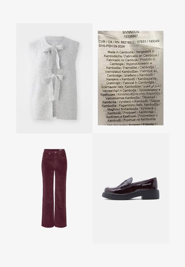 Gilet en tricot sans manches de couleur grise, présentant une texture côtière et deux nœuds à l'avant. Design ouvert à l'avant avec un matériau doux et léger.; Étiquette comportant un texte multicolore sur un fond de tissu clair. Indique les détails de fabrication en plusieurs langues ; déclare principalement "Fabriqué au Cambodge."; Pantalon en velours côtelé de couleur bordeaux foncé, à coupe large. Dispose de poches avant et de passants pour ceinture, finition en tissu texturé.; Mocassins en cuir bordeaux brillant avec un bout arrondi, présentant un design cousu et une semelle extérieure en caoutchouc noir texturé.