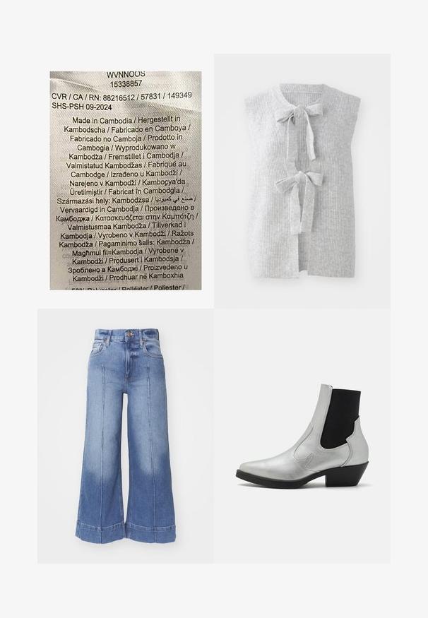 Grå, ærmeløs strikket vest med ribbet tekstur og to frontsløjfer. Åben frontdesign med et blødt, let materiale.; Etiket med multicolor tekst på en lys stofbaggrund. Angiver produktionsdetaljer på forskellige sprog; angiver primært "Fremstillet i Kambodja."; Vidde denim jeans i lyseblå, med høj talje, falmet design, forlommer og syede detaljer langs benene.; ONLY SHOES ONLBRONCO SHORT - Cowboy- / bikerstøvlette - silver