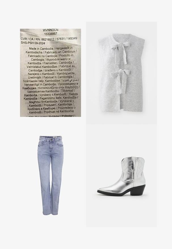 Gilet en tricot sans manches de couleur grise, présentant une texture côtière et deux nœuds à l'avant. Design ouvert à l'avant avec un matériau doux et léger.; Étiquette comportant un texte multicolore sur un fond de tissu clair. Indique les détails de fabrication en plusieurs langues ; déclare principalement "Fabriqué au Cambodge."; Jean droit bleu clair en denim, doté d'une fermeture à bouton, de cinq poches et d'une décoloration subtile sur le devant et à l'arrière.; Bottes de cowboy en cuir argenté avec un bout pointu, des détails brodés sur la tige et un talon noir modéré. Surface lisse et brillante.