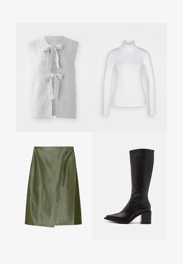 Grijze, mouwloze gebreide vest met een geribbelde textuur en twee strikjes aan de voorkant. Open ontwerp aan de voorkant van een zachte, lichte stof.; Witte langemouwen turtle neck shirt van een soepel, rekbaar stof. Heeft een strakke pasvorm en een hoge kraag. Geen zichtbare patronen of accenten.; Olijfgroene faux leren mini-jurk met een diagonale wikkeldesign, een gladde textuur en nette stiksels langs de randen.; Zign LEATHER - Laarzen - black