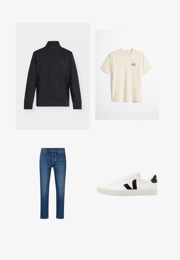 Schwarze Zip-Up-Jacke mit hohem Kragen, langen Ärmeln, zwei vorderen Taschen und kleinem geprägtem BOSS-Logo auf der linken Brust.; Weißes kurzärmeliges Baumwoll-T-Shirt mit rundem Ausschnitt und kleinem schwarzem Sportlogo auf der linken Brust mit dem Schriftzug "MOPD SPORTS MARC O'POLO DENIM".; Blaue Denim-Jeans mit geradem Schnitt, ausgestattet mit fünf Taschen, Gürtelschlaufen und einem Knopfverschluss. Leichte Abnutzungsspuren und kontrastierende Nähte.; Weiße Leder-Sneaker mit schwarzen Wildlederelementen; verfügen über eine Gummisohle, eine runde Spitze und ein klassisches Schnürdesign. Seitliches Logo in Schwarz.