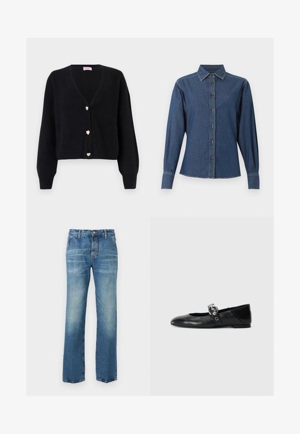 Cardigan noir à col en V avec manches longues et trois boutons décoratifs en forme de cœur sur le devant.; Chemise en denim bleu foncé à manches longues avec boutons sur le devant, col pointu et coutures blanches visibles le long des coutures et des poignets.; Jean bleu à coupe droite avec avant délavé, passants de ceinture, poches avant et fermeture par bouton sur fond blanc.; Ballerines en cuir noir avec un bout pointu, dotées d'une sangle avec une boucle métallique circulaire et d'une semelle plate.