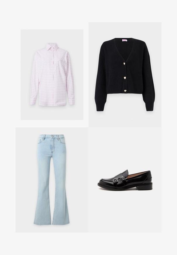 Cardigan noir à col en V avec manches longues et trois boutons décoratifs en forme de cœur sur le devant.; Chemise à manches longues à carreaux rose clair et blanc, boutonnée sur le devant, avec col pointu et poche en forme de cœur cousue sur la poitrine gauche.; Jean en denim bleu clair taille haute avec jambes évasées, fermeture par bouton et fermeture éclair, poches avant et arrière.; Mocassin en cuir noir brillant avec doubles boucles argentées et petit talon, vu de côté sur fond blanc.