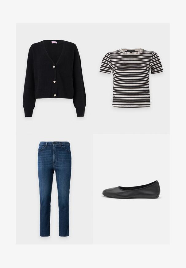 Zwarte V-hals cardigan met lange mouwen en drie decoratieve knopen in de vorm van hartjes aan de voorkant.; Zwart-wit horizontaal gestreept ribgebreid shirt met korte mouwen, een ronde halslijn en een strakke pasvorm.; Blauwe slim-fit jeans met een klassiek vijf-pocket ontwerp en knoopsluiting, voorzien van subtiele vervaging en een schone rechte pijp.; Zwarte leren ballerina met een ronde neus, gladde textuur, minimale stikdetails en een flexibele zoolontwerp.