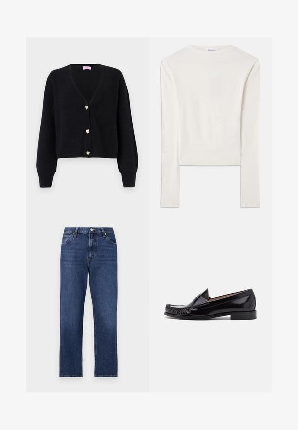 Zwarte V-hals cardigan met lange mouwen en drie decoratieve knopen in de vorm van hartjes aan de voorkant.; Witte lange mouw top van katoen, met een eenvoudige ronde hals en een slim fit. De stof is glad met een lichte stretch.; Denim jeans in een donkerblauwe wassing. Rechte pijpen met vijf-pocket stijl, sluiting met een knoop aan de voorkant en contrasterende stiksels.; Zwarte leren mokassin met een glanzende afwerking, voorzien van franjes aan de voorkant en een lage gestapelde hak.